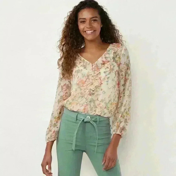 Lauren Conrad LC floral ruffled sheer blouse size small - Picture 1 of 12